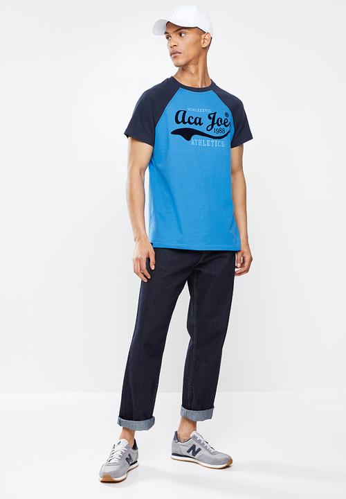 Aca Joe - Flock printed raglan tee - blue 
