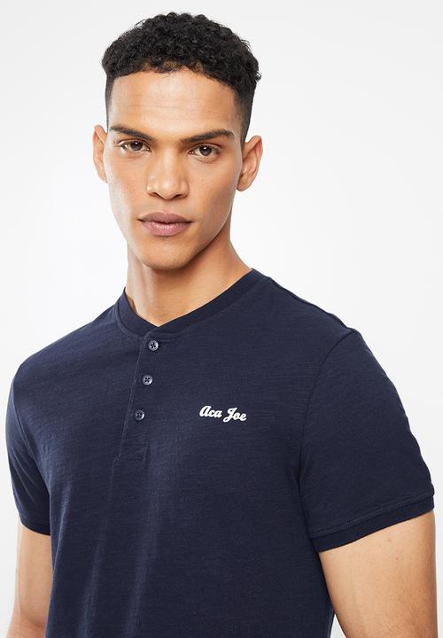 Aca Joe - Grandpa collar flock print henley - navy
