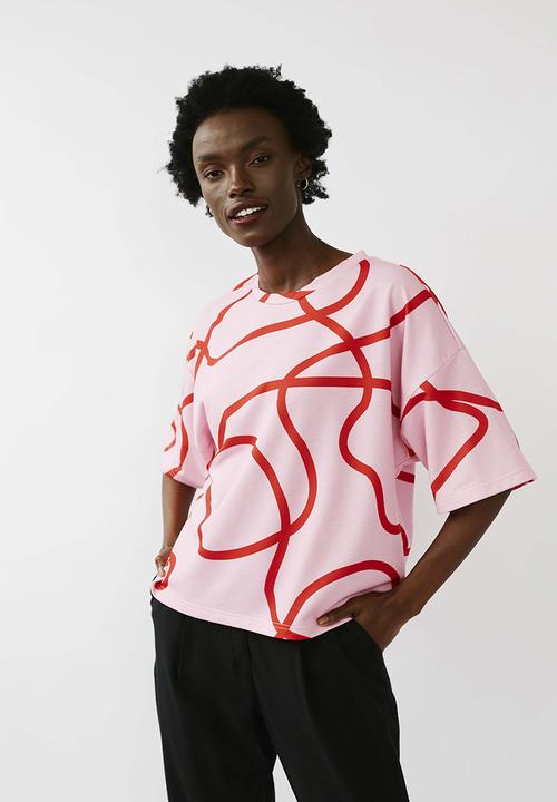 Me&B - Oversized viscose fleece tee - pink & red 