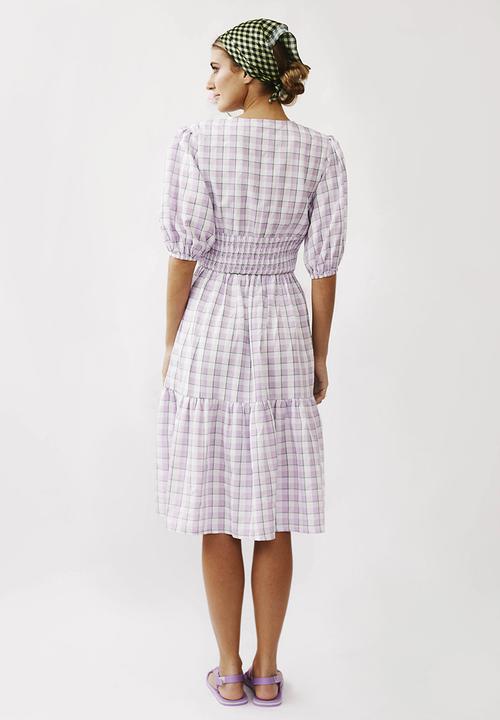 Me&B - Shirred basque midi dress with puff sleeves - lilac 