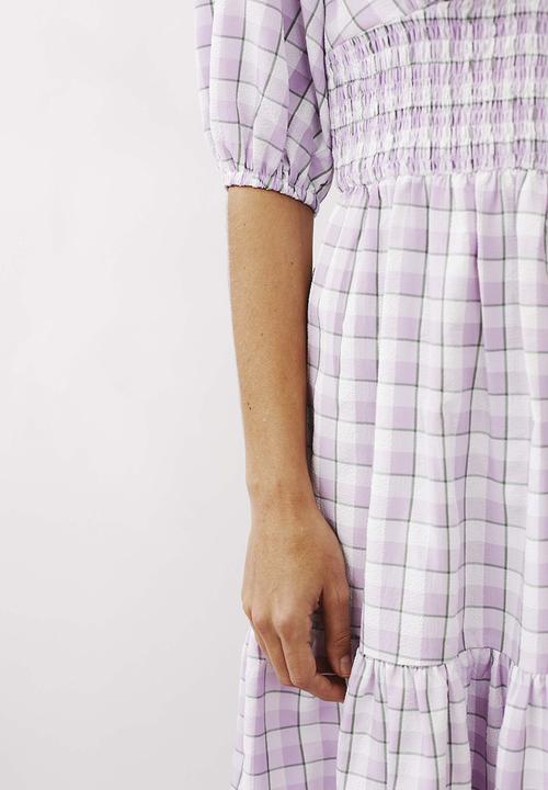Me&B - Shirred basque midi dress with puff sleeves - lilac 