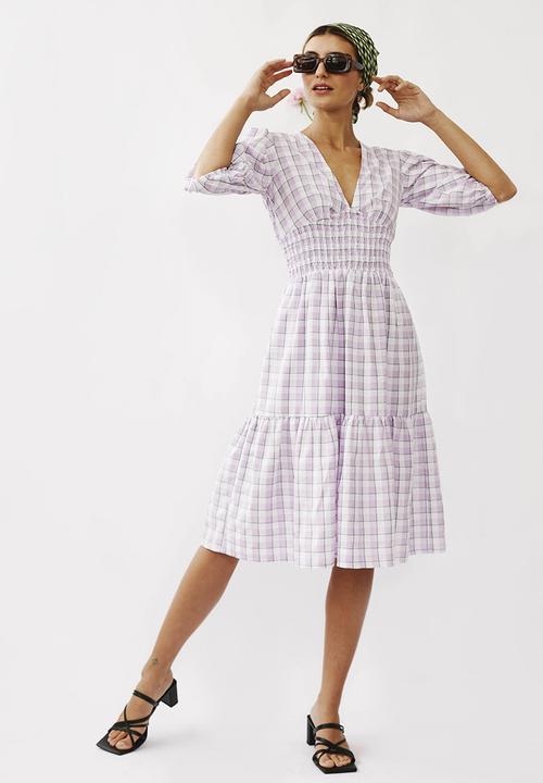 Me&B - Shirred basque midi dress with puff sleeves - lilac 