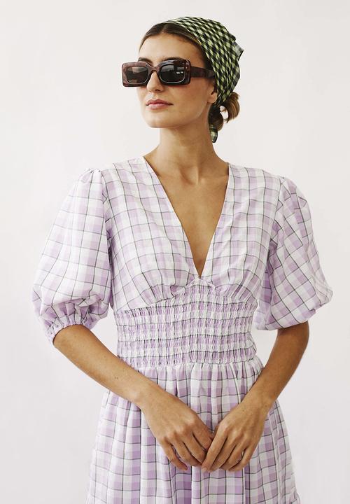 Me&B - Shirred basque midi dress with puff sleeves - lilac 