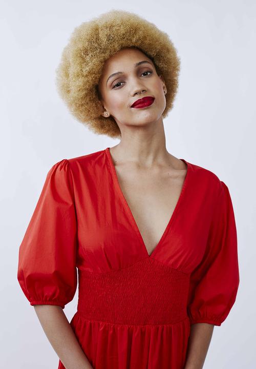 Me&B - Shirred basque midi dress with puff sleeves - red 