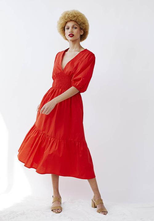 Me&B - Shirred basque midi dress with puff sleeves - red 