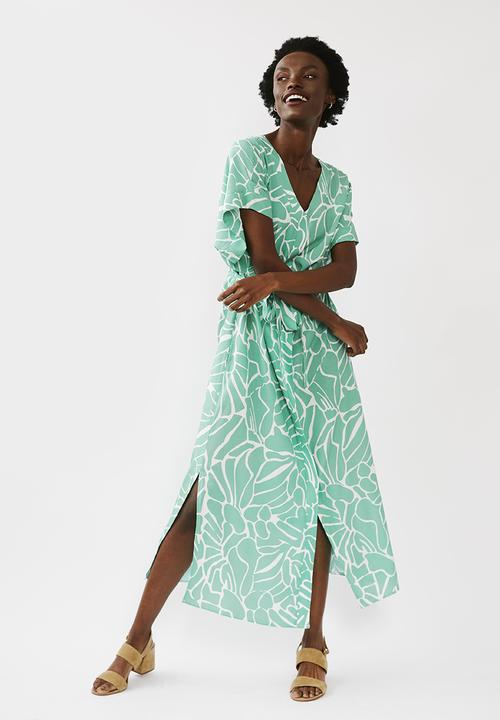 Me&B - Kimono sleeve V-neck button through dress - green & white