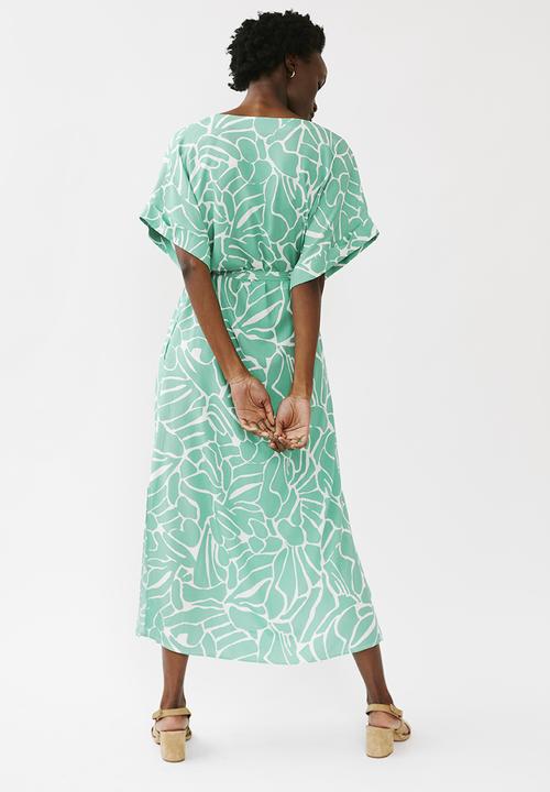 Me&B - Kimono sleeve V-neck button through dress - green & white