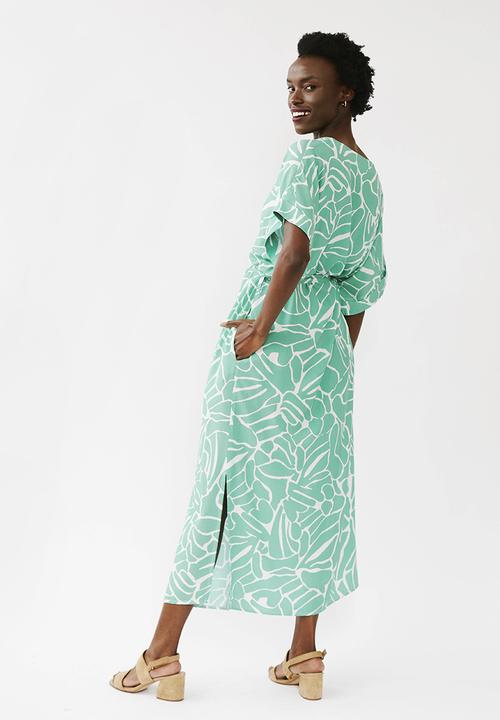 Me&B - Kimono sleeve V-neck button through dress - green & white