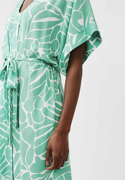Me&B - Kimono sleeve V-neck button through dress - green & white
