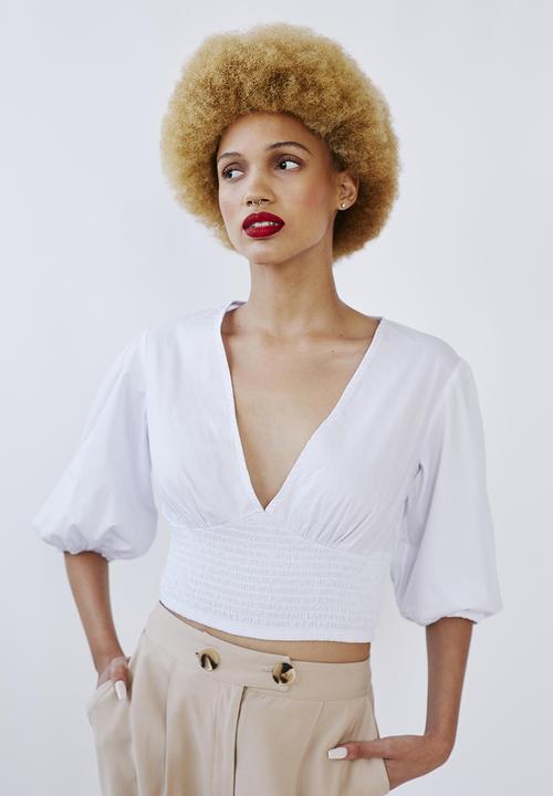 Me&B - Puff sleeve woven top with shirred basque - white