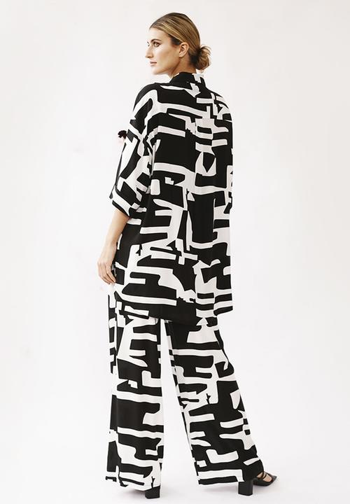 Me&B - Pull-on wide leg pant with tie detail - black & white 