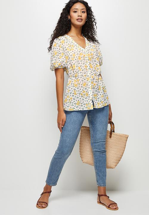 edit - Puffed sleeve peplum blouses - multi 