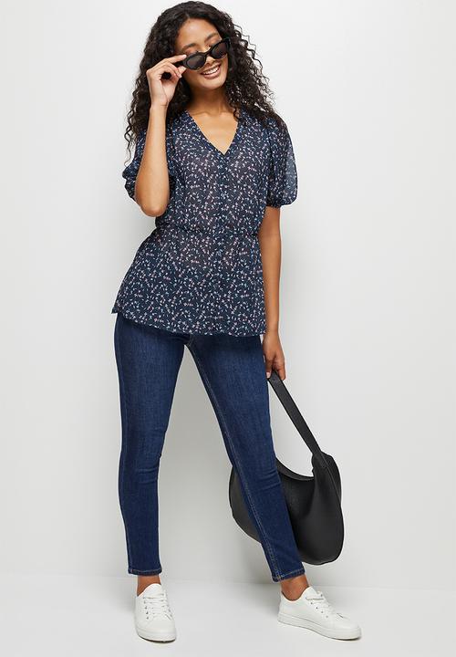 edit - Puffed sleeve peplum blouses - navy