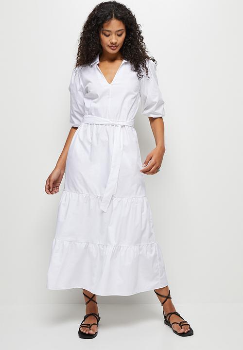 edit - 3/4 Sleeve collar tiered shirt dress - white