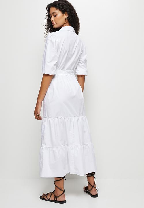 edit - 3/4 Sleeve collar tiered shirt dress - white