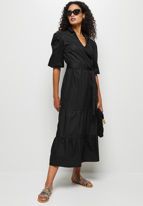 edit - 3/4 Sleeve collar tiered shirt dress - black