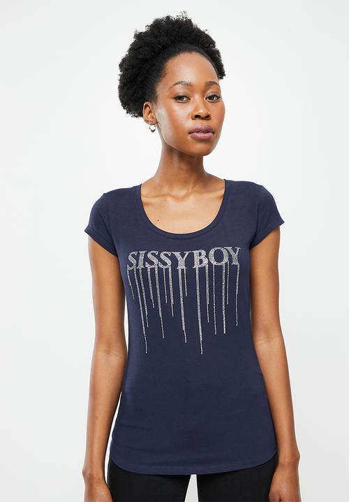 SISSY BOY - Basic round neck fitted top with cap sleeves and bling logo -navy 