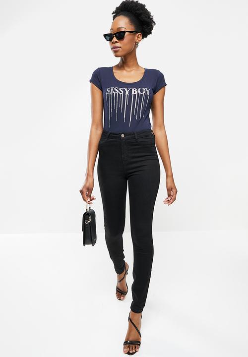 SISSY BOY - Basic round neck fitted top with cap sleeves and bling logo -navy 
