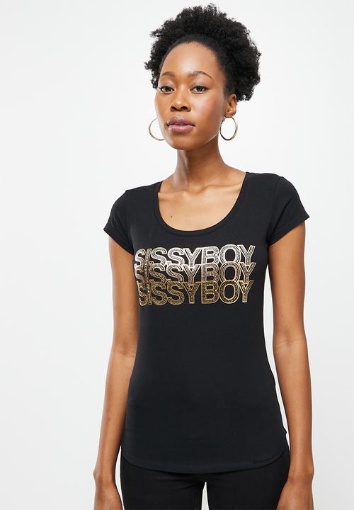 SISSY BOY - Basic round neck fitted top with cap sleeves and mix foil print and bling logo - black