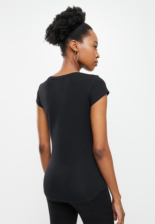 SISSY BOY - Basic round neck fitted top with cap sleeves and mix foil print and bling logo - black