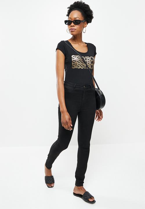 SISSY BOY - Basic round neck fitted top with cap sleeves and mix foil print and bling logo - black