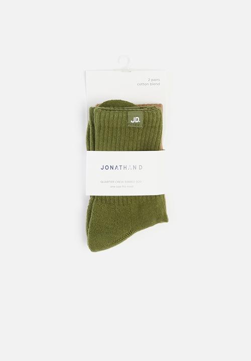 Jonathan D - Ribbed quarter crew 2 pack socks - green & brown 