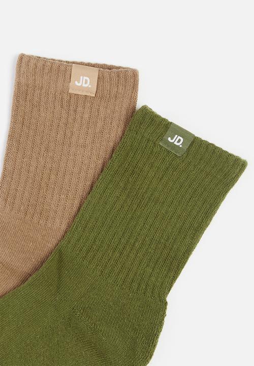 Jonathan D - Ribbed quarter crew 2 pack socks - green & brown 
