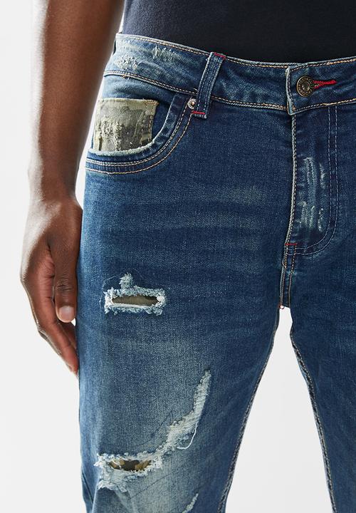 Cutty - Electron rip & repair slim fit jeans - indigo