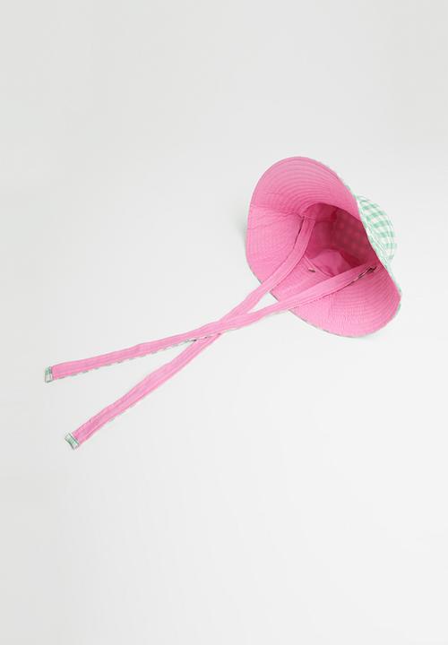 Me&B - Reversible sun hat with long ties - green & pink 