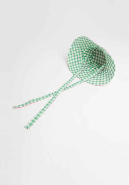 Me&B - Reversible sun hat with long ties - green & pink 
