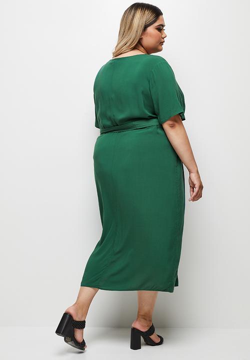 edit Plus - Notch neck belted column dress - trekking green