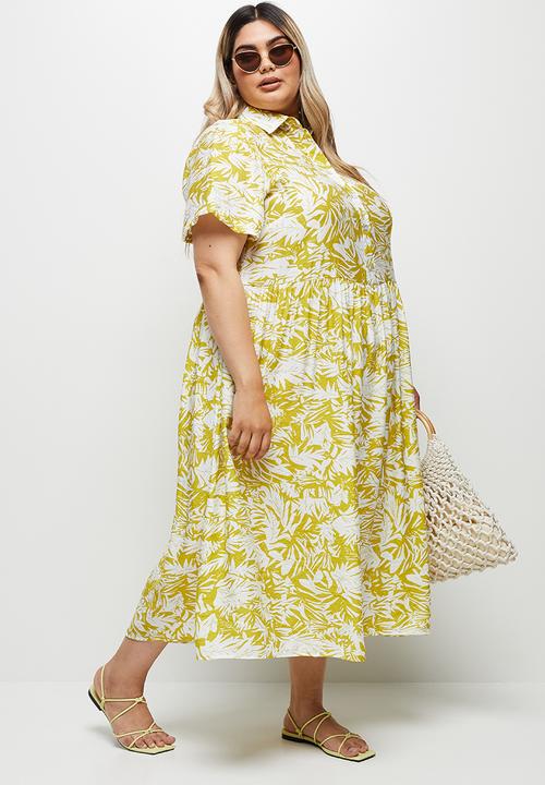 edit Plus - Babydoll maxi dress - yellow abstract palm