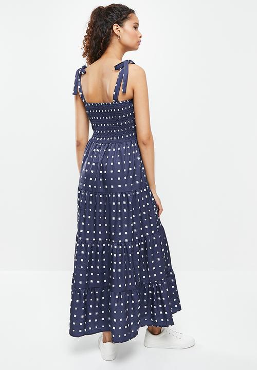 dailyfriday - Square neck tiered dress - navy & white