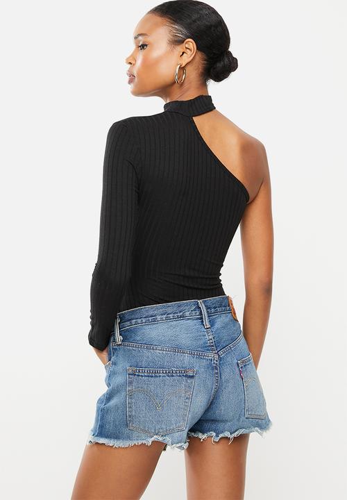 Missguided - High neck one shoulder ribbed bodysuit - black