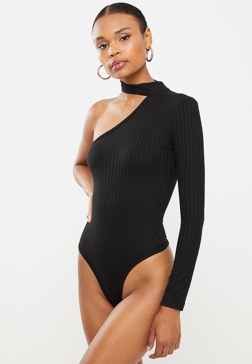 Missguided - High neck one shoulder ribbed bodysuit - black