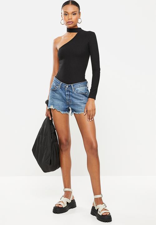 Missguided - High neck one shoulder ribbed bodysuit - black