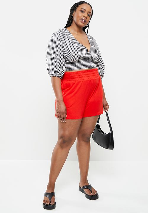 Me&B - Plus puff sleeve woven top with shirred basque - black & white 