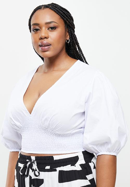 Me&B - Plus puff sleeve woven top with shirred basque - white