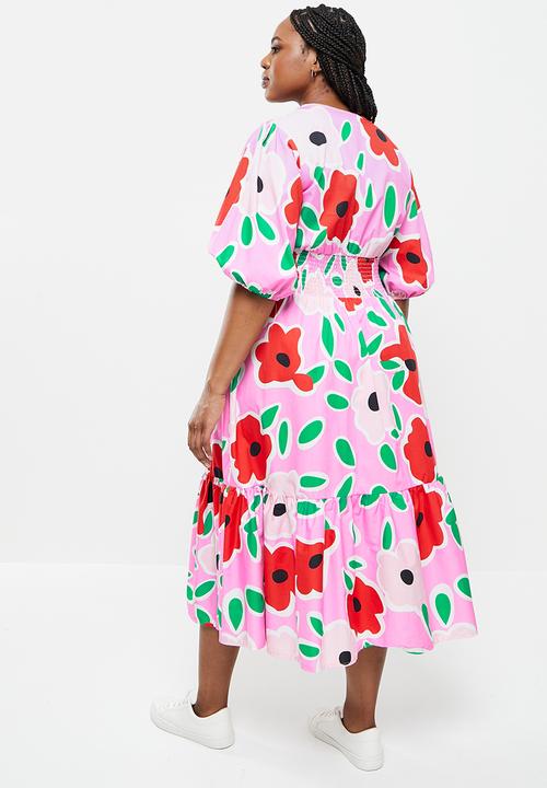 Me&B - Plus shirred basque midi dress with puff sleeves - multi 