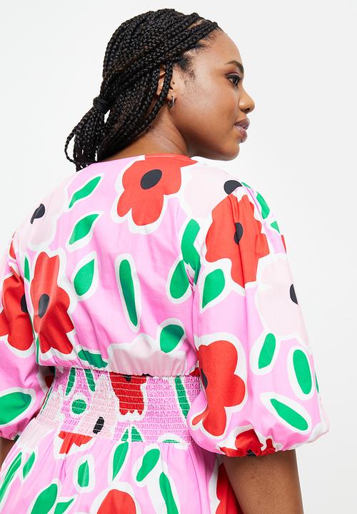 Me&B - Plus shirred basque midi dress with puff sleeves - multi 