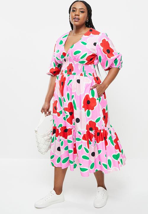 Me&B - Plus shirred basque midi dress with puff sleeves - multi 