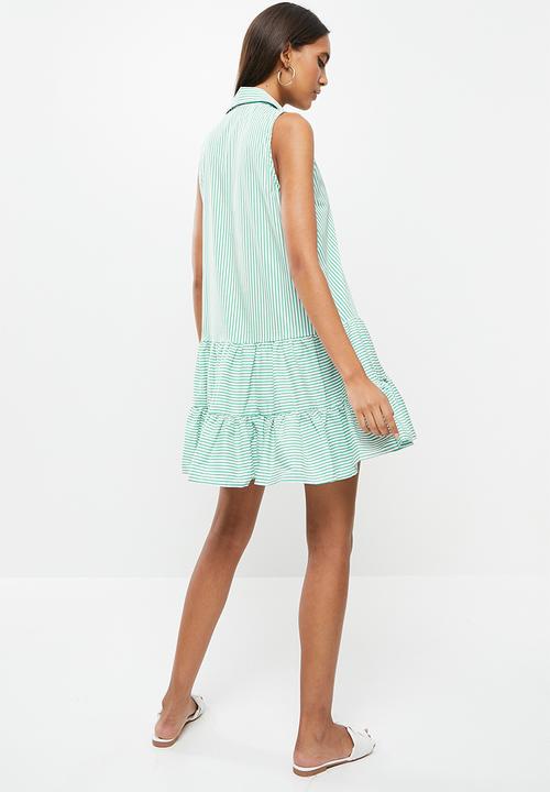 SISSY BOY - Sleeveless poplin dress with tiers - green & white 