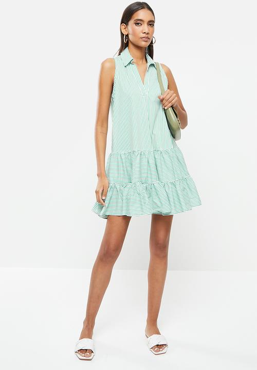 SISSY BOY - Sleeveless poplin dress with tiers - green & white 