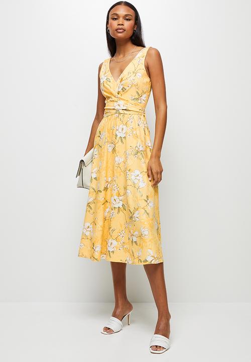 MILLA - Wrap bodice midi dress - yellow floral