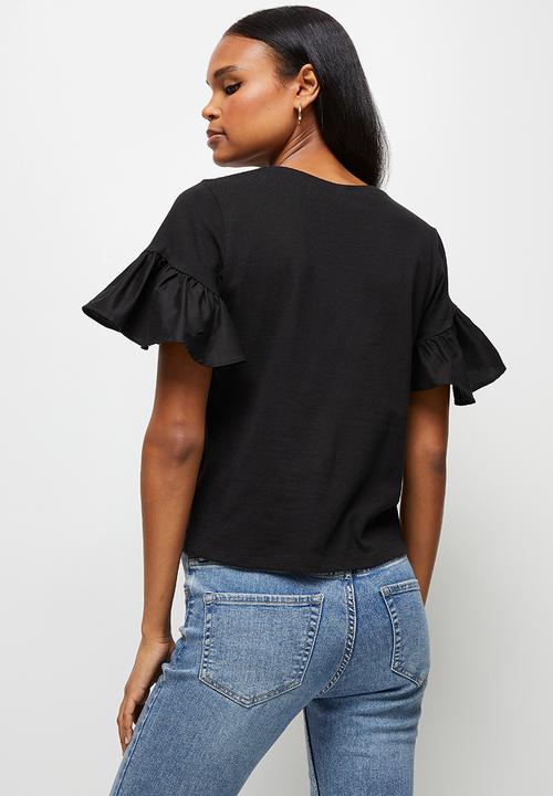 MILLA - Ruffle sleeve boxy tee - black 