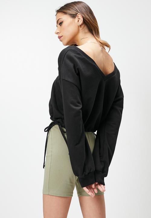 Blake - Soft v-neck waist tie sweater - black