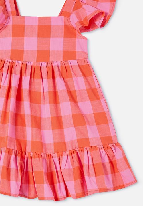 Cotton On - Cady short sleeve dress  - red orange/pink gerbera check