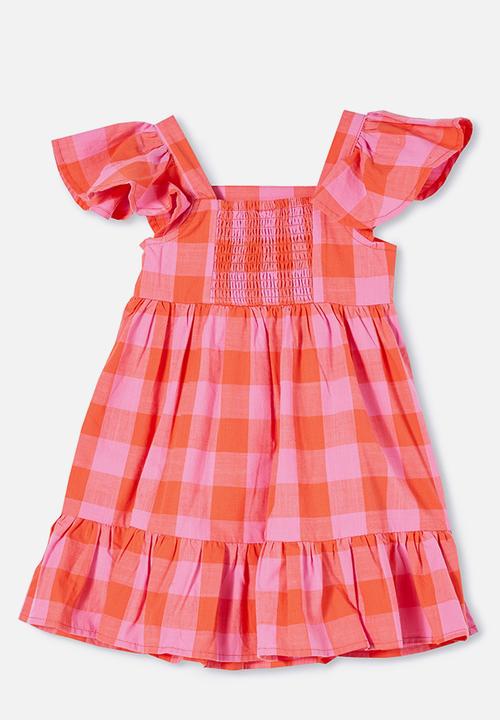 Cotton On - Cady short sleeve dress  - red orange/pink gerbera check