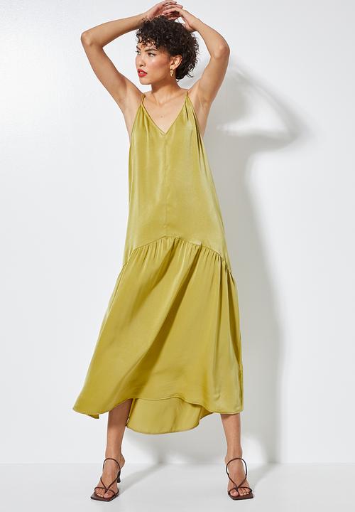 VELVET - Satin cami drop waisted dress - khaki