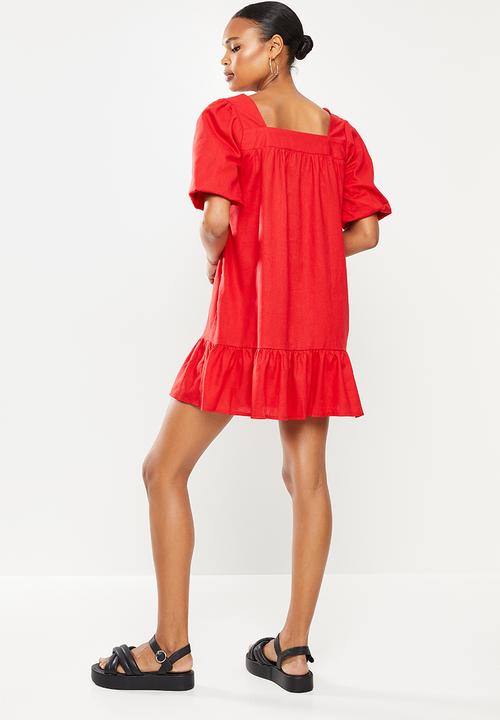 Missguided - Shirred puff sleeve mini dress - red